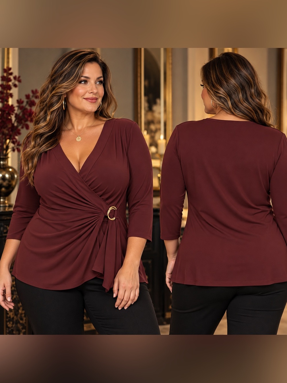 Lauren Ralph Lauren 2X Burgundy Faux Wrap Gold Ring Draped Top
